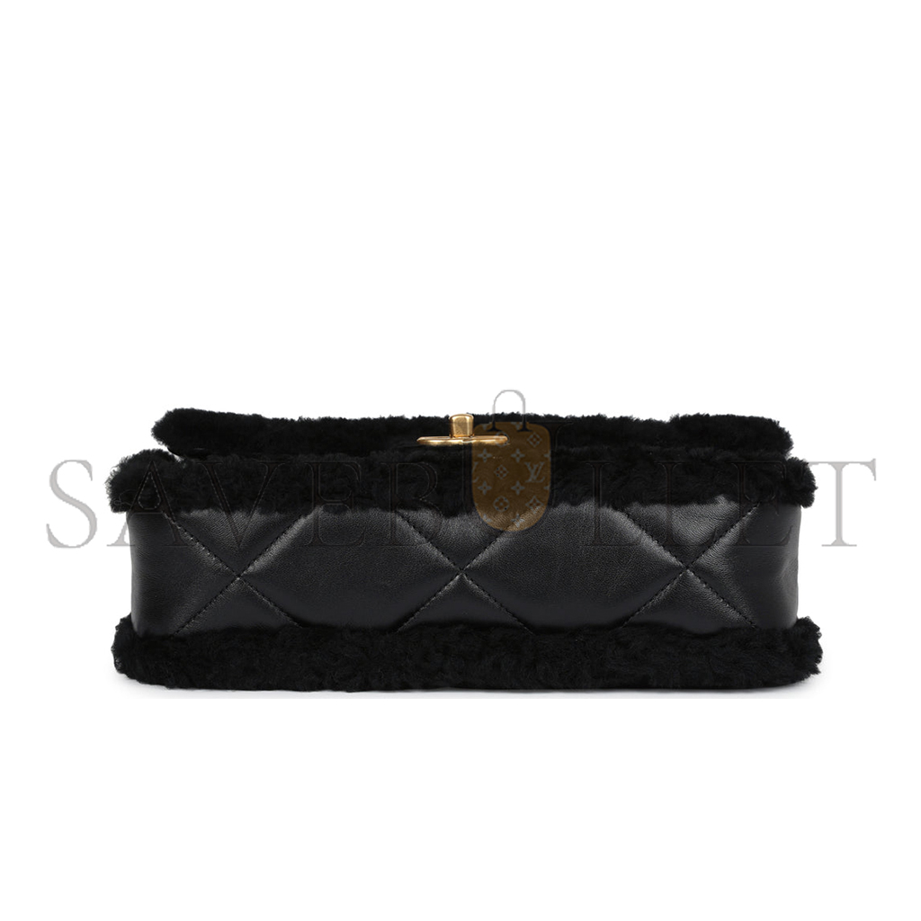Ch*el medium shearling flap bag black lambskin brushed gold hardware  (23.5*16*7.5cm)